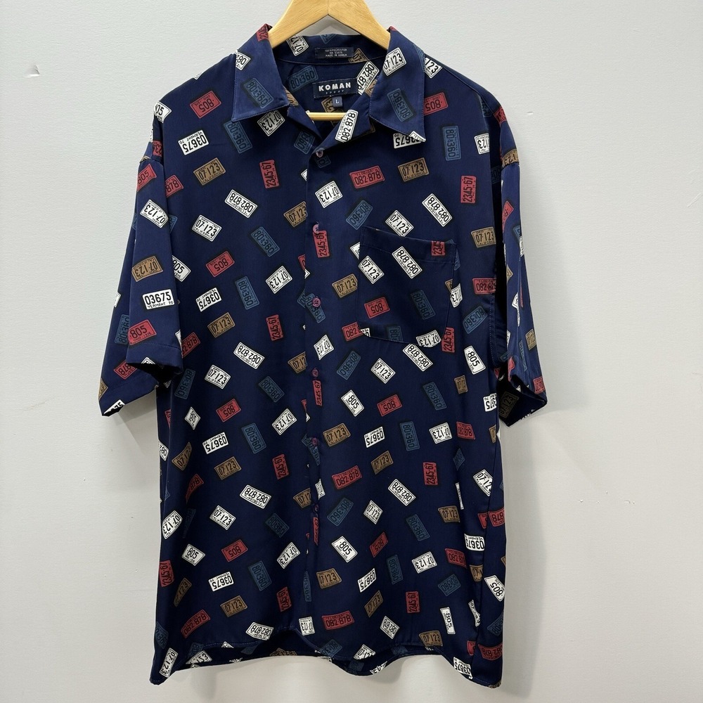 Koman Sport Hawaiian Shirt Mens Large Blue License Plates All Over Print Button